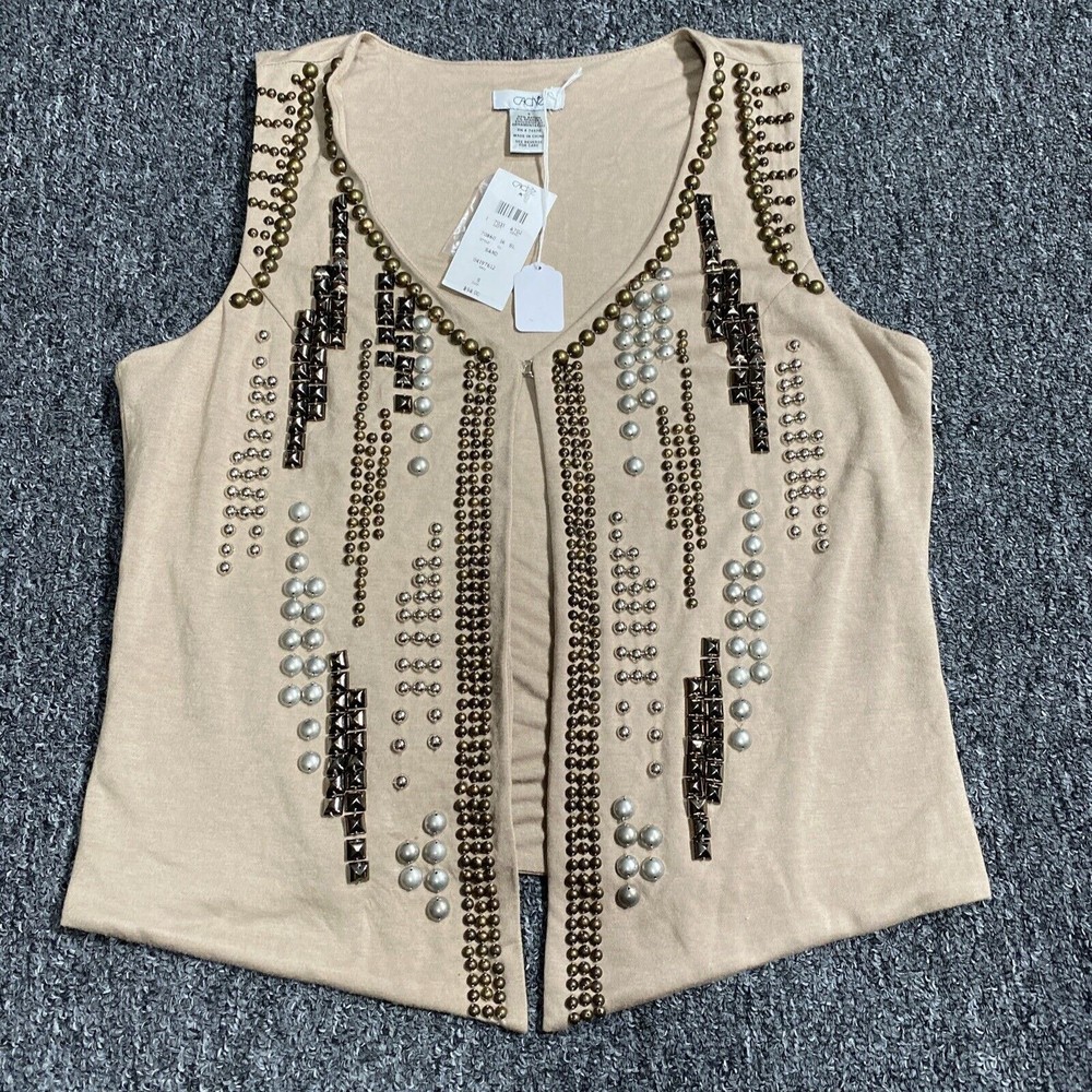 $98 CACHE Brown Silver Metallic Cotton Vest Sweater Top S NWT New